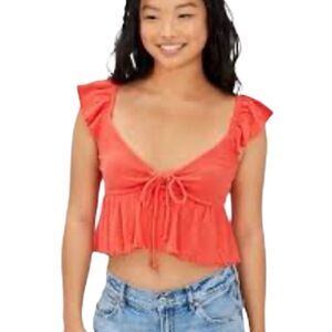 American Eagle Bright Coral V Neck Keyhole Top - L